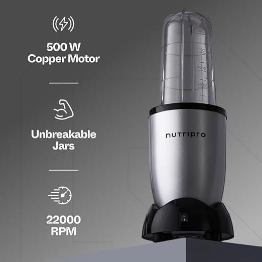 NutriPro Juicer Mixer Grinder - Smoothie Maker - 500 Watts (2 Jars & 1 Blade, Silver) - 2 Year Warranty
