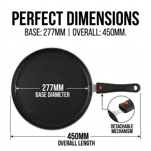 CELLO Aluminium Non-Stick Induction Base Dosa Tawa with Detachable Bakelite Handle 28 CM Black | Heavy Base, PFOA Free & Dishwasher Safe, Gas Stove & Induction Compatible | Perfect For Roti Dosa Chila