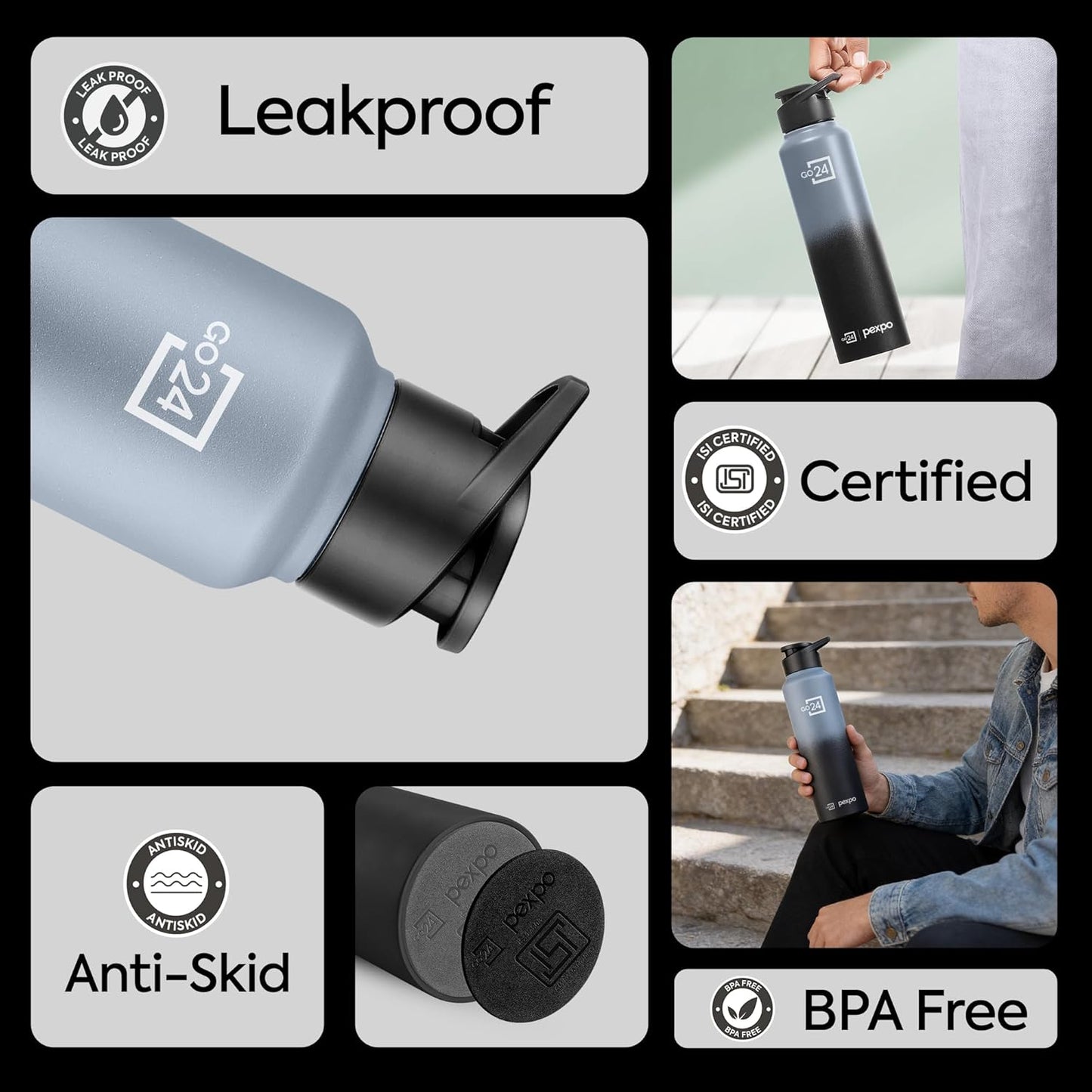 Water Bottle 1 ltr Stainless Steel Sports/Fridge Bottle with Sipper Cap | 1-Year Warranty | Single Wall | For Home, Office, Gym | Lightweight | Craft Pro 950ml | Grey - Black Ombre
