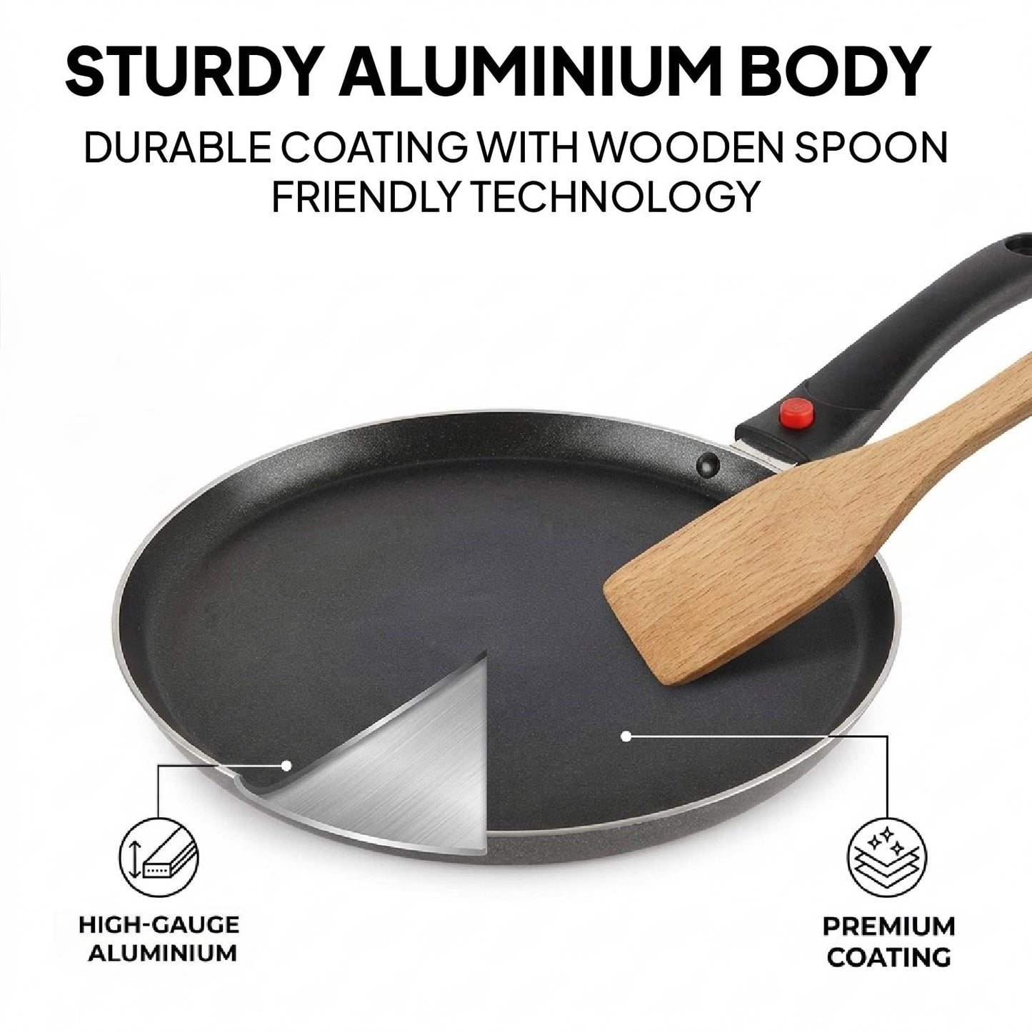 CELLO Aluminium Non-Stick Induction Base Dosa Tawa with Detachable Bakelite Handle 28 CM Black | Heavy Base, PFOA Free & Dishwasher Safe, Gas Stove & Induction Compatible | Perfect For Roti Dosa Chila