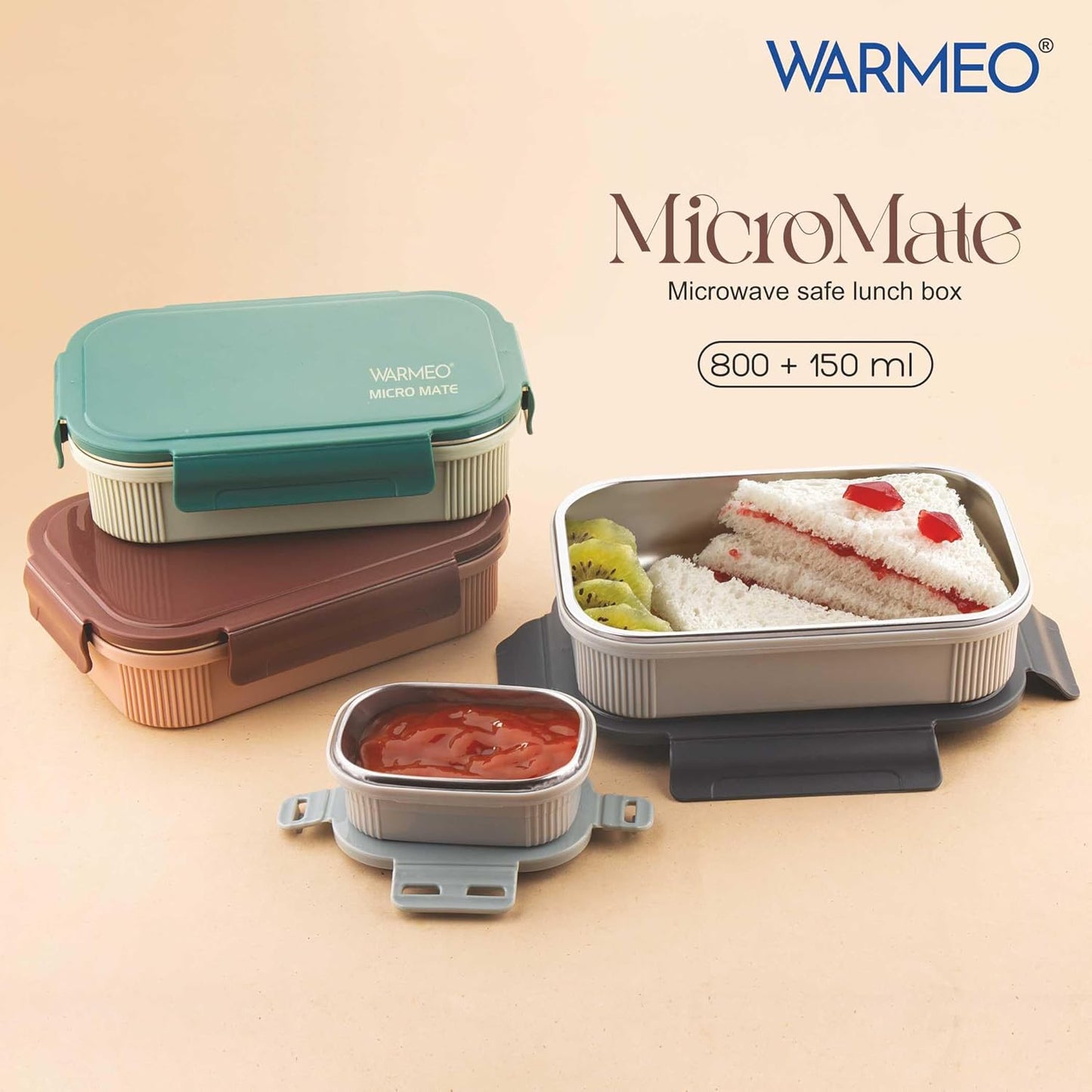 WARMEO MICROMATE Microwave-Safe Stainless Steel Lunch Box, Bpa Free, Perfect for Office, School, Travelling, Combo(800ml+150 ml),Green