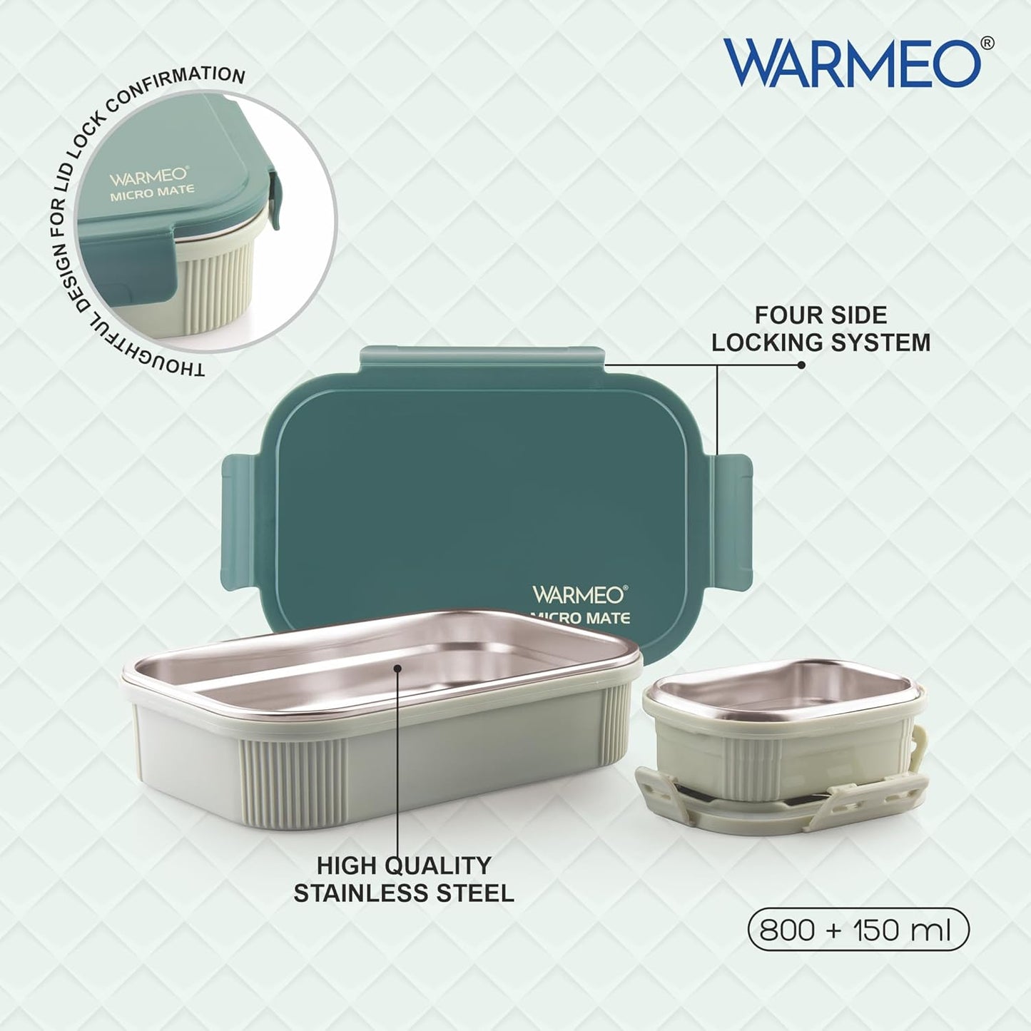 WARMEO MICROMATE Microwave-Safe Stainless Steel Lunch Box, Bpa Free, Perfect for Office, School, Travelling, Combo(800ml+150 ml),Green