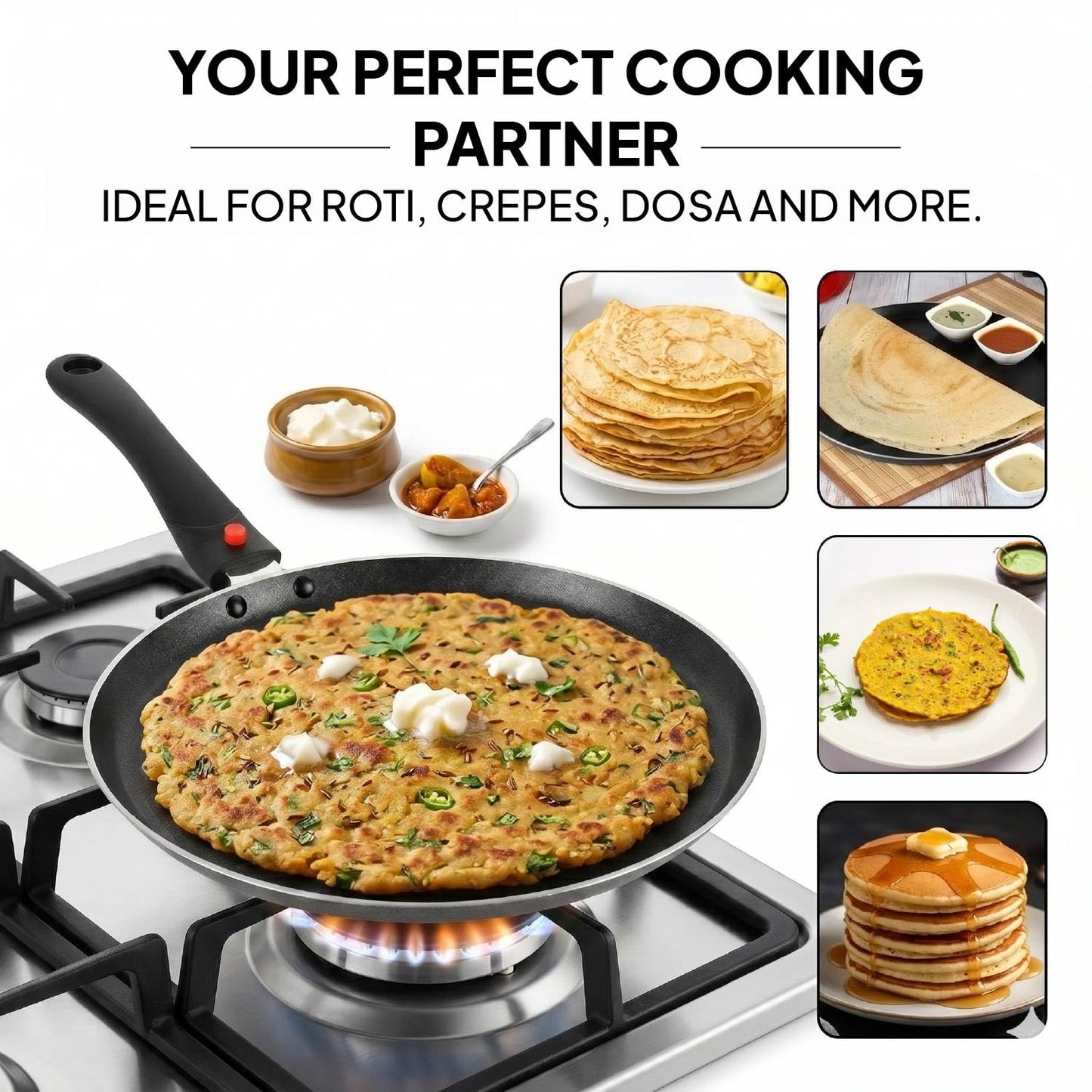 CELLO Aluminium Non-Stick Induction Base Dosa Tawa with Detachable Bakelite Handle 28 CM Black | Heavy Base, PFOA Free & Dishwasher Safe, Gas Stove & Induction Compatible | Perfect For Roti Dosa Chila