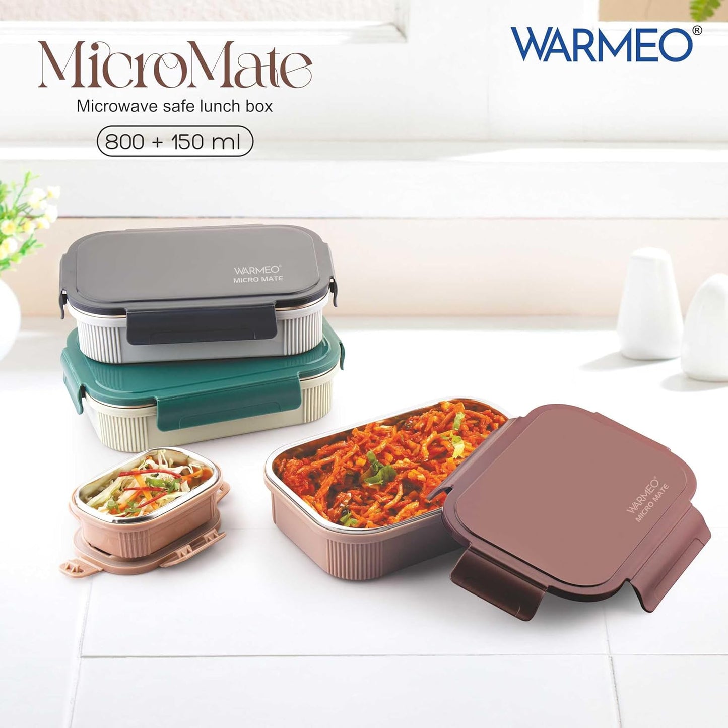 WARMEO MICROMATE Microwave-Safe Stainless Steel Lunch Box, Bpa Free, Perfect for Office, School, Travelling, Combo(800ml+150 ml),Green
