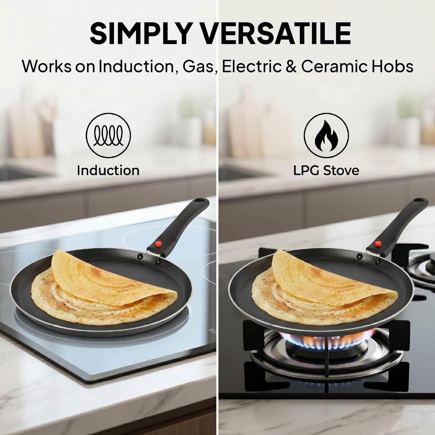 CELLO Aluminium Non-Stick Induction Base Dosa Tawa with Detachable Bakelite Handle 28 CM Black | Heavy Base, PFOA Free & Dishwasher Safe, Gas Stove & Induction Compatible | Perfect For Roti Dosa Chila