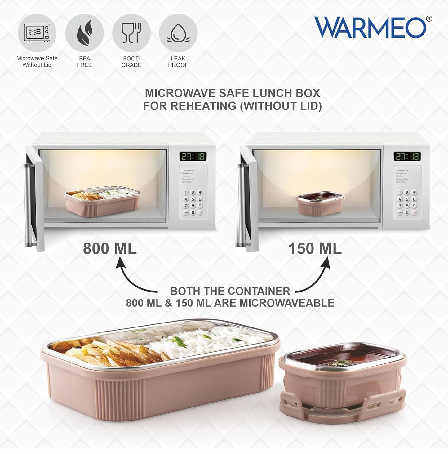 WARMEO MICROMATE Microwave-Safe Stainless Steel Lunch Box, Bpa Free, Perfect for Office, School, Travelling, Combo(800ml+150 ml),Green