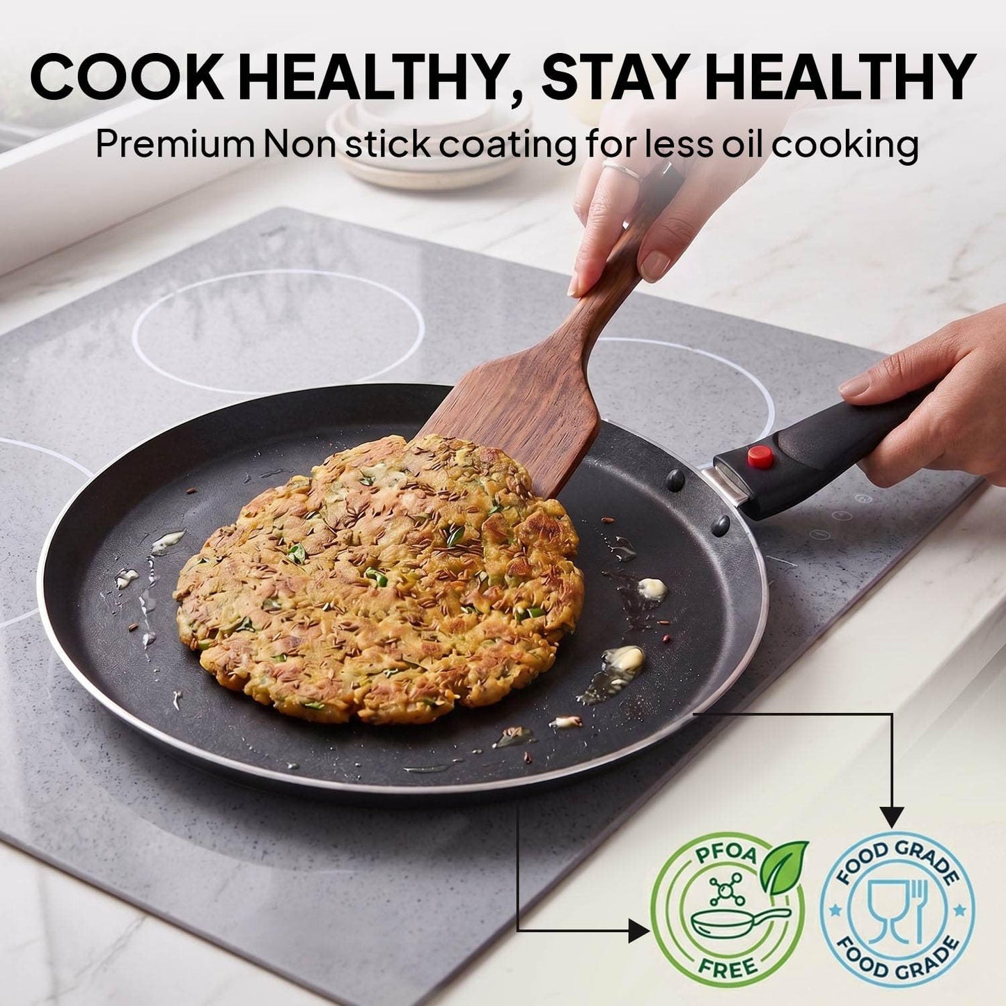CELLO Aluminium Non-Stick Induction Base Dosa Tawa with Detachable Bakelite Handle 28 CM Black | Heavy Base, PFOA Free & Dishwasher Safe, Gas Stove & Induction Compatible | Perfect For Roti Dosa Chila