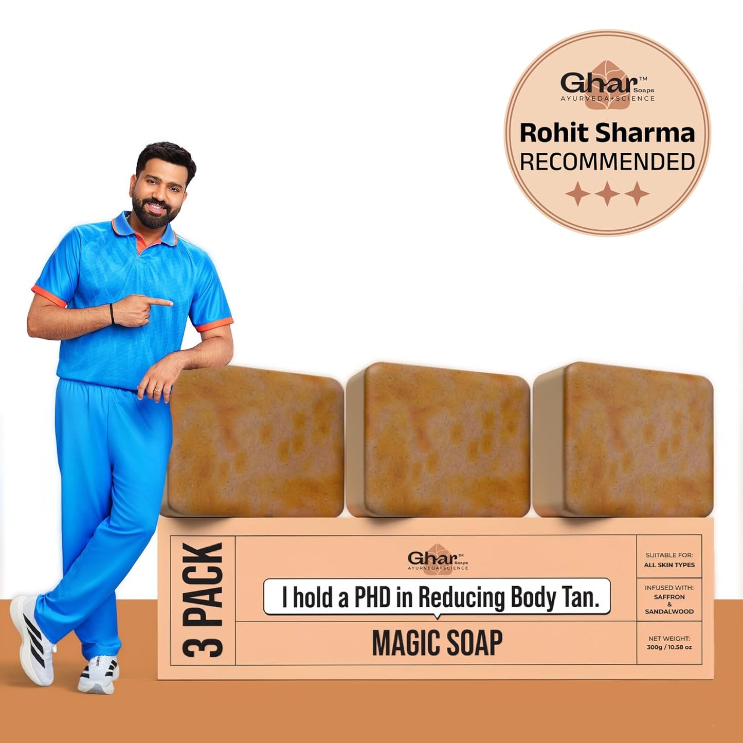 Ghar Soaps Sandalwood & Saffron Magic Soaps For Bath (300 Gms Pack Of 3) | Paraben Free | Chandan & Kesar Bath Soap | Handmade Soaps For Glowing | Skin Brightening Soap For Men & Women