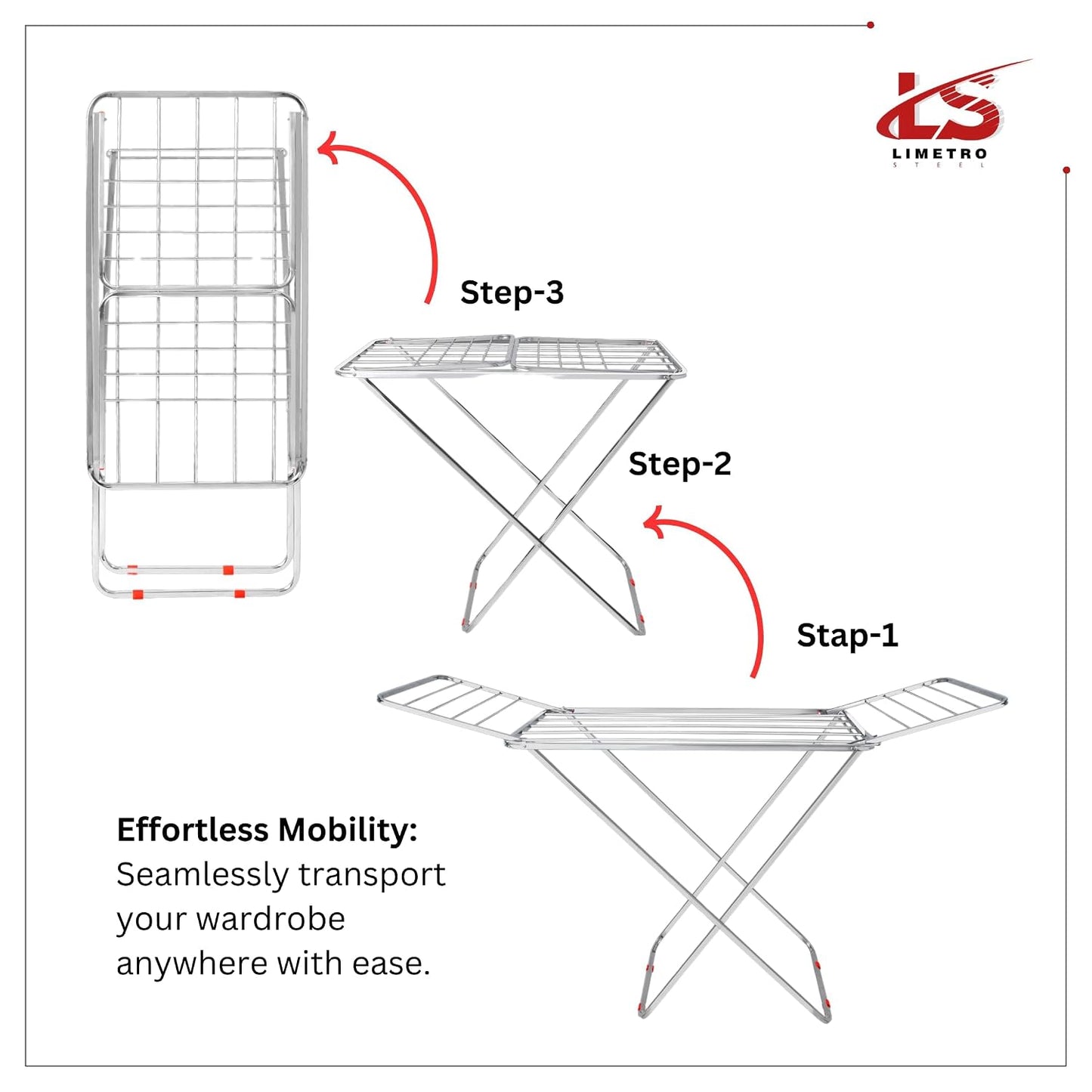 LiMETRO STEEL Stainless Steel Foldable Cloth Dryer Stand Double Rack Cloth Stands for Drying Clothes Steel (Cross), 120x54x4 cm