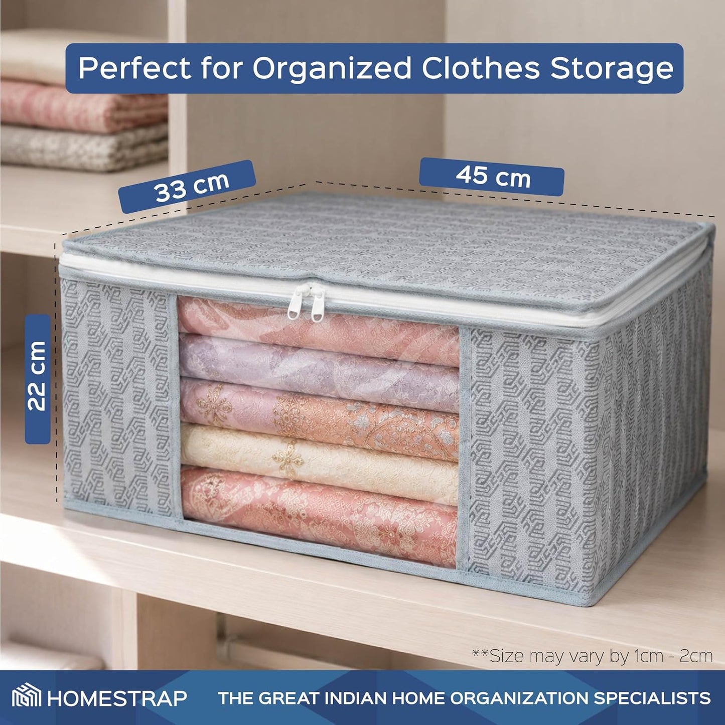 Homestrap Set of 6 Non-Woven Printed Saree Cover/Cloth Storage/Wardrobe Organizer For Clothes with Transparent Window (Grey)(Shark Tank Featured) 45cmx33cmx22cm