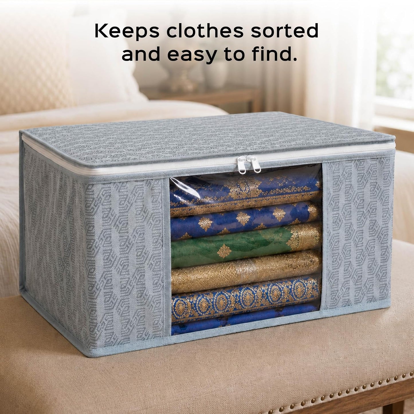 Homestrap Set of 6 Non-Woven Printed Saree Cover/Cloth Storage/Wardrobe Organizer For Clothes with Transparent Window (Grey)(Shark Tank Featured) 45cmx33cmx22cm
