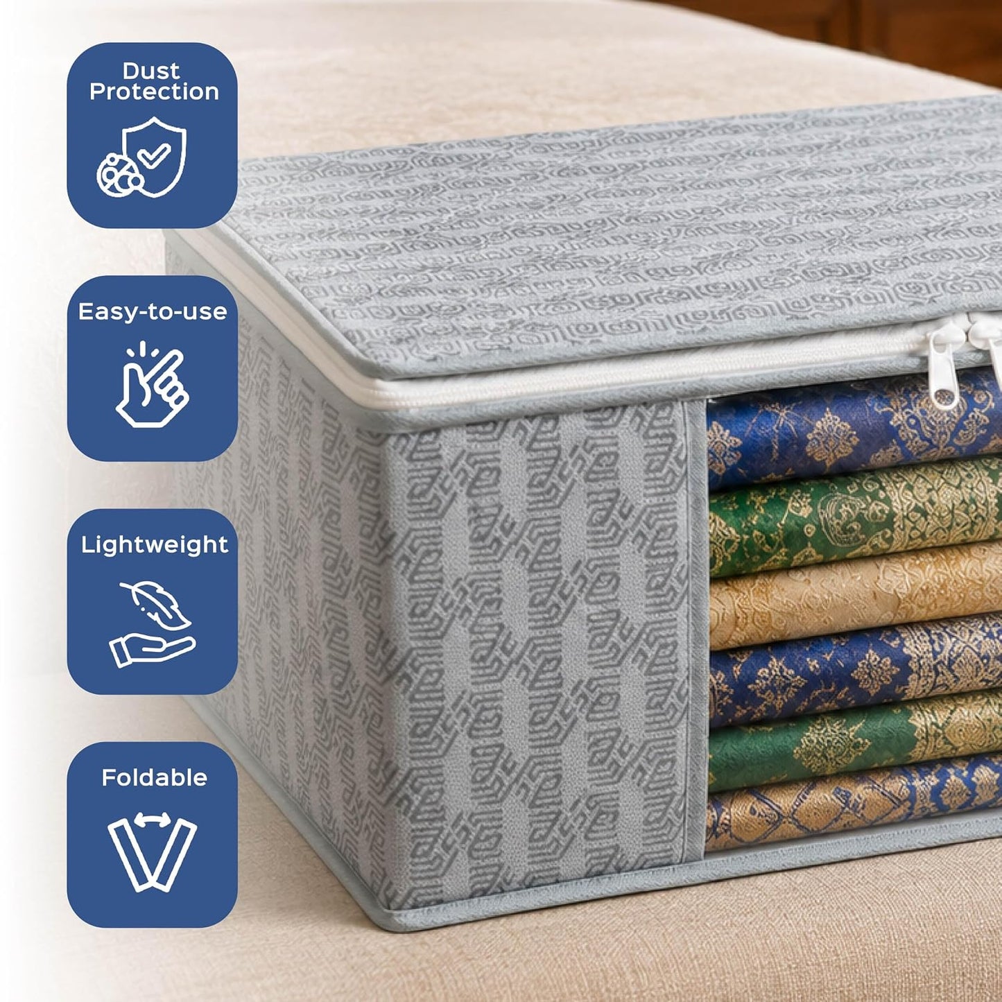 Homestrap Set of 6 Non-Woven Printed Saree Cover/Cloth Storage/Wardrobe Organizer For Clothes with Transparent Window (Grey)(Shark Tank Featured) 45cmx33cmx22cm