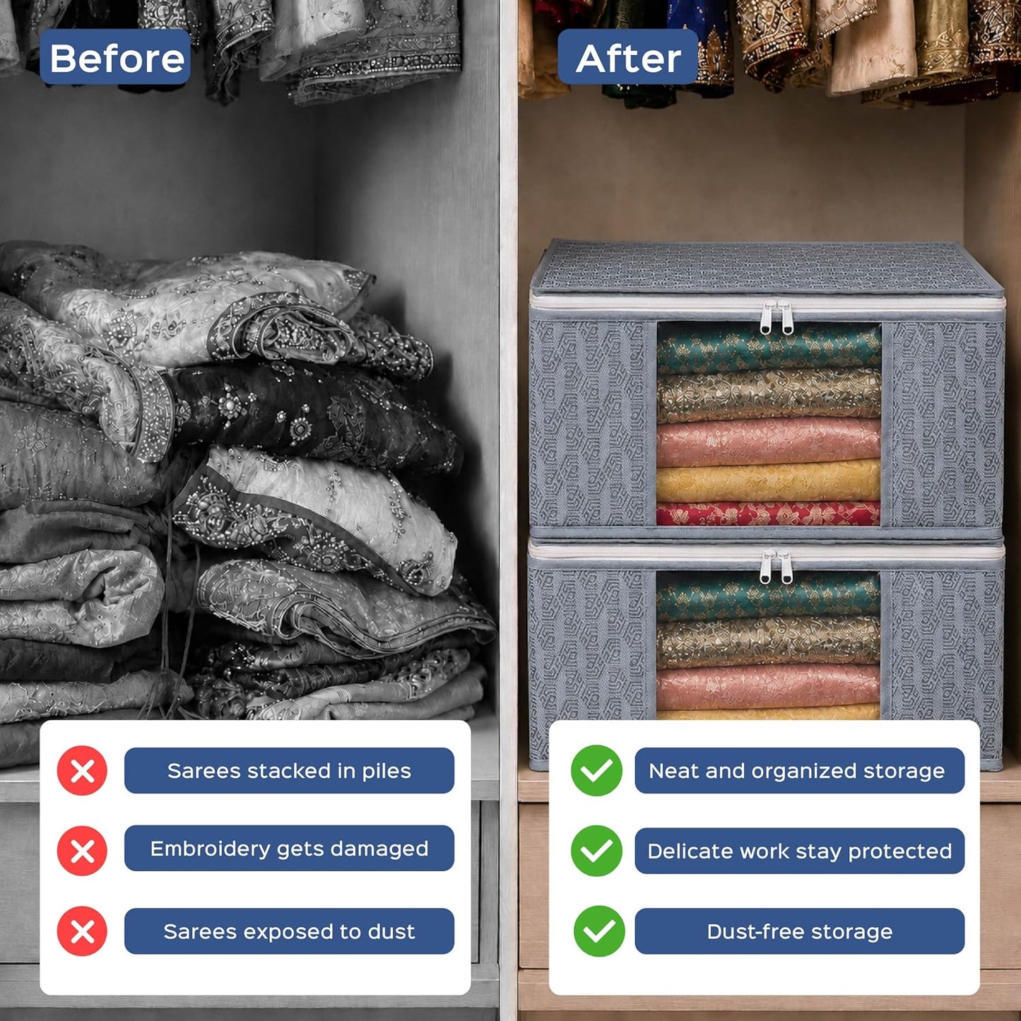Homestrap Set of 6 Non-Woven Printed Saree Cover/Cloth Storage/Wardrobe Organizer For Clothes with Transparent Window (Grey)(Shark Tank Featured) 45cmx33cmx22cm