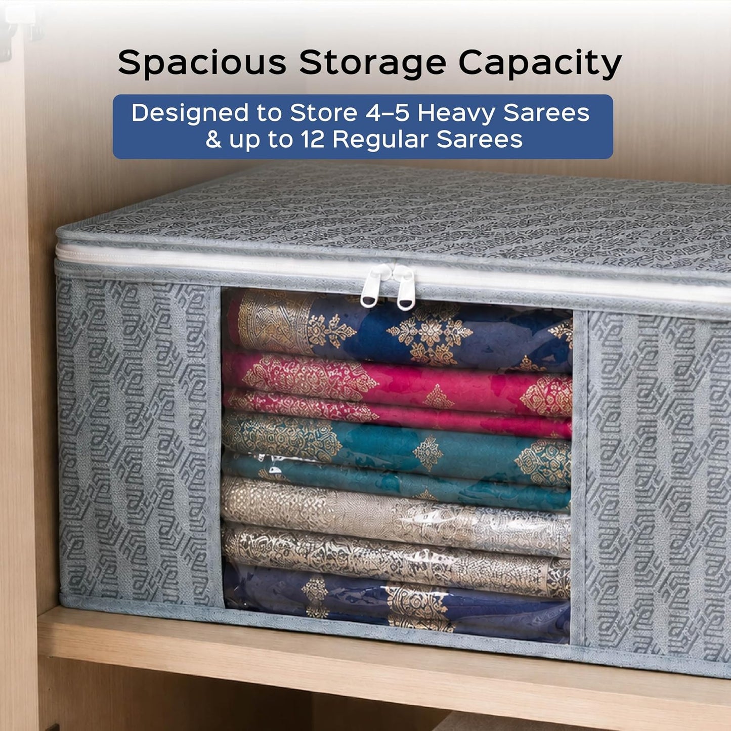 Homestrap Set of 6 Non-Woven Printed Saree Cover/Cloth Storage/Wardrobe Organizer For Clothes with Transparent Window (Grey)(Shark Tank Featured) 45cmx33cmx22cm