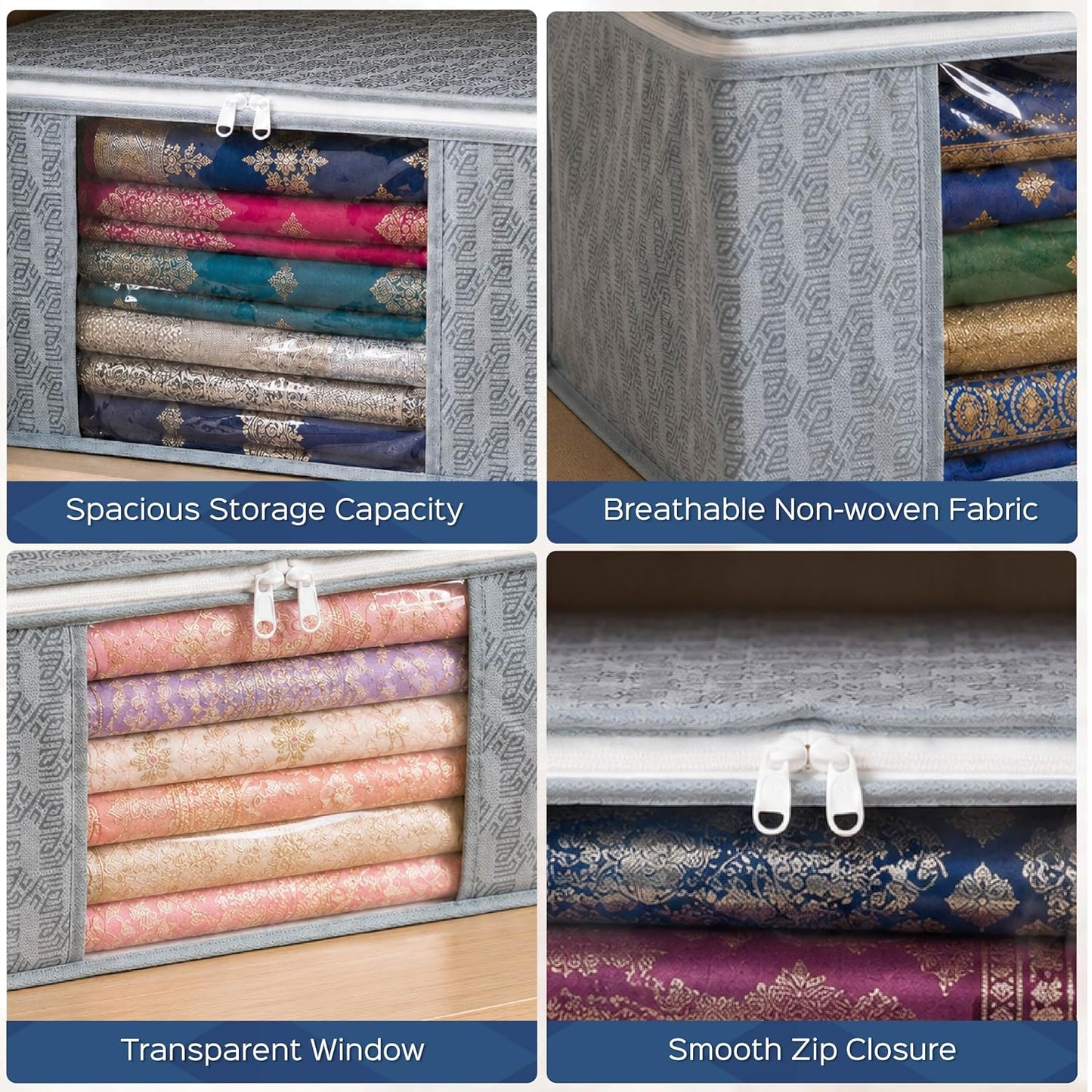 Homestrap Set of 6 Non-Woven Printed Saree Cover/Cloth Storage/Wardrobe Organizer For Clothes with Transparent Window (Grey)(Shark Tank Featured) 45cmx33cmx22cm